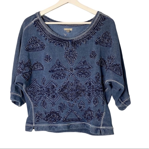 Ecote Washed Effect Embroidered 3/4 Dolman Sleeve Cotton Casual Career Top S - Picture 7 of 7
